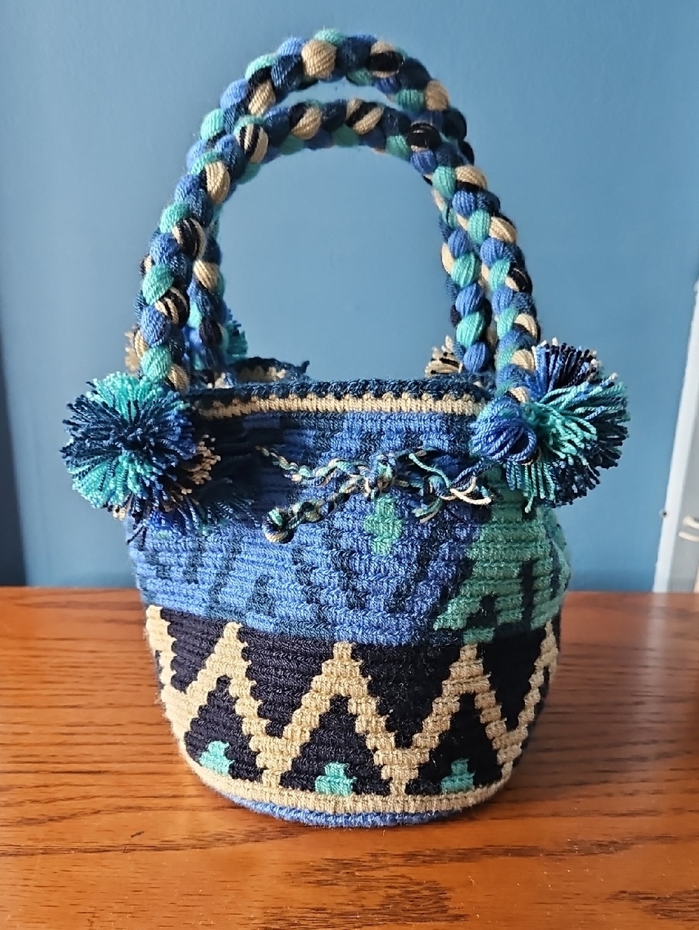 Wayuu Mochila Handwoven Mini Blue & Teal Pom-Pom Bucket Bag